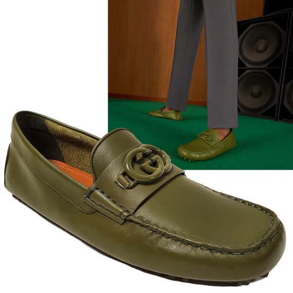 GUCCI SHOES MENS LOAFERS MOCCASINS G LOGO GREEN LEATHER sz 9G 9.5 - Picture 1 of 15